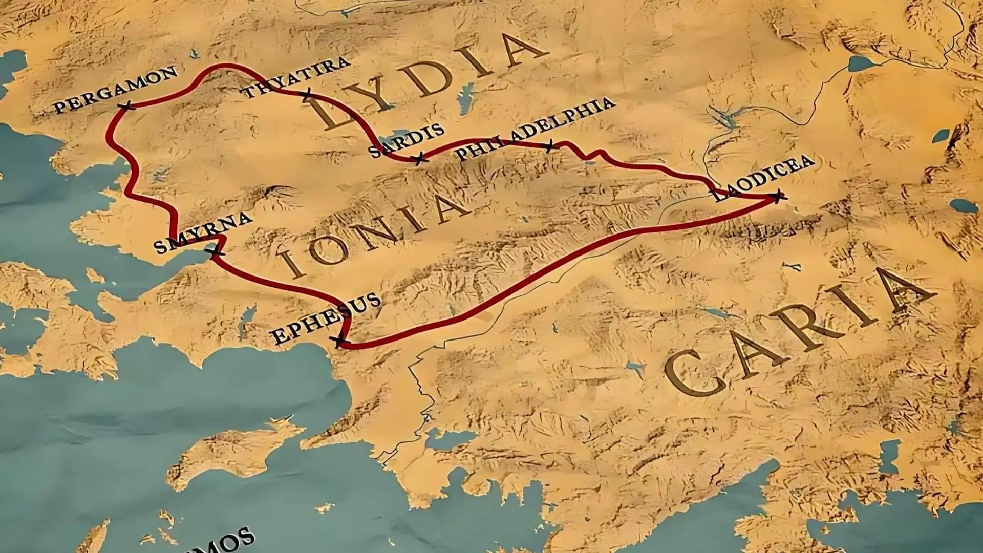 Map showcasing the locations of the 7 Churches of Revelation in modern-day Turkey