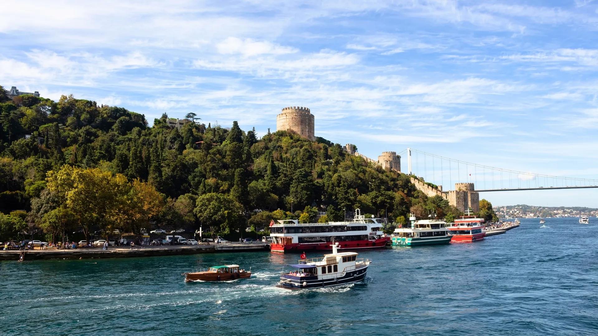 Cruise past Rumeli Fortress and the Bosphorus Bridge on a historic Istanbul Bosphorus sightseeing tour.