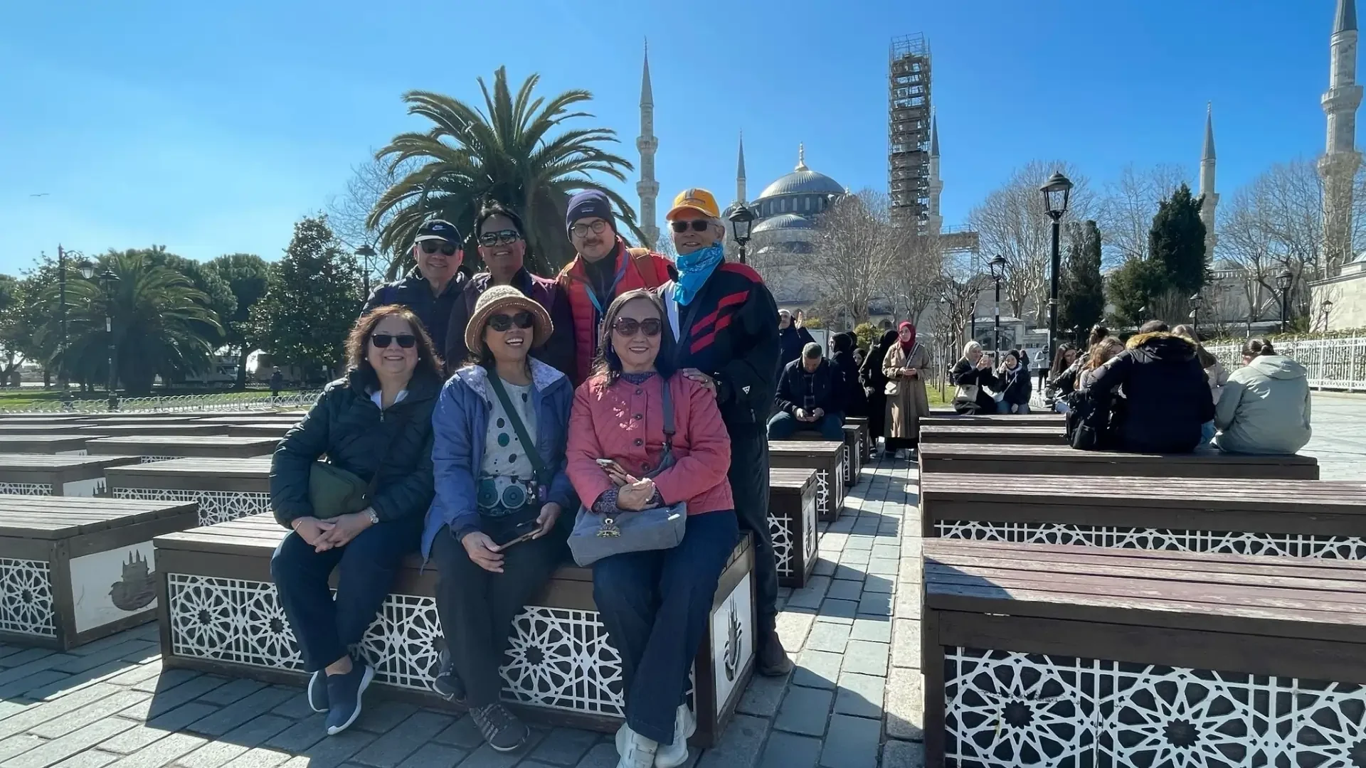 Group sightseeing near the Blue Mosque during an Istanbul Old City excursion.