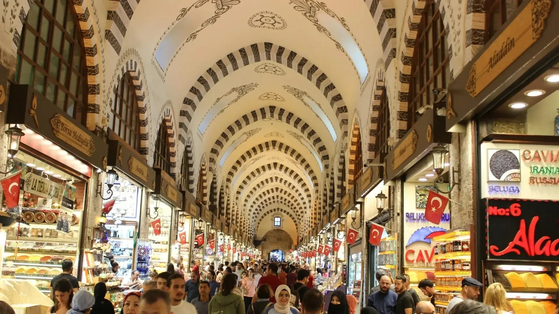 Colorful shops and historic vaulted passages inside Istanbul’s Grand Bazaar.