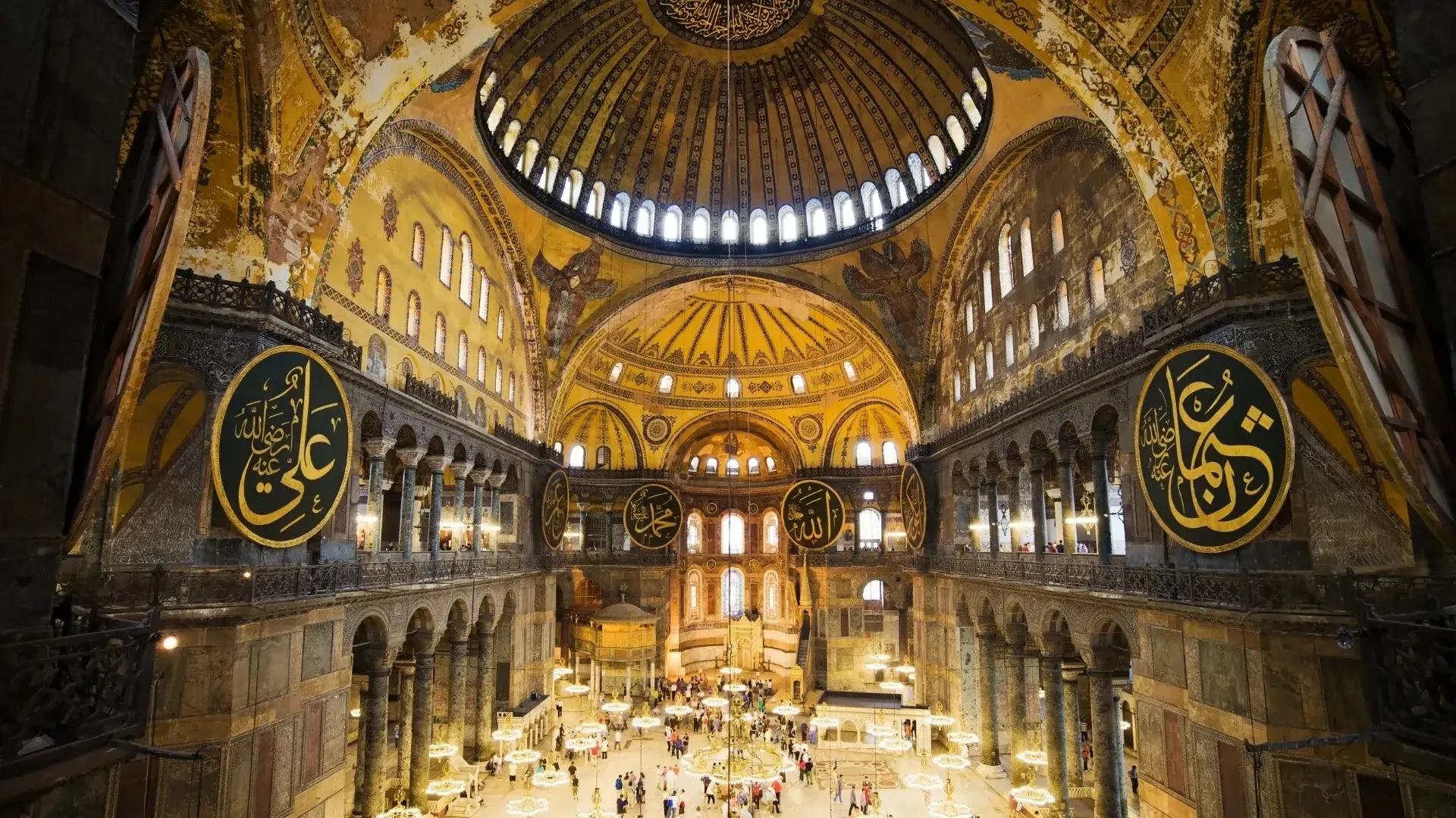 Grand dome, galleries and Islamic details inside Istanbul’s Hagia Sophia.