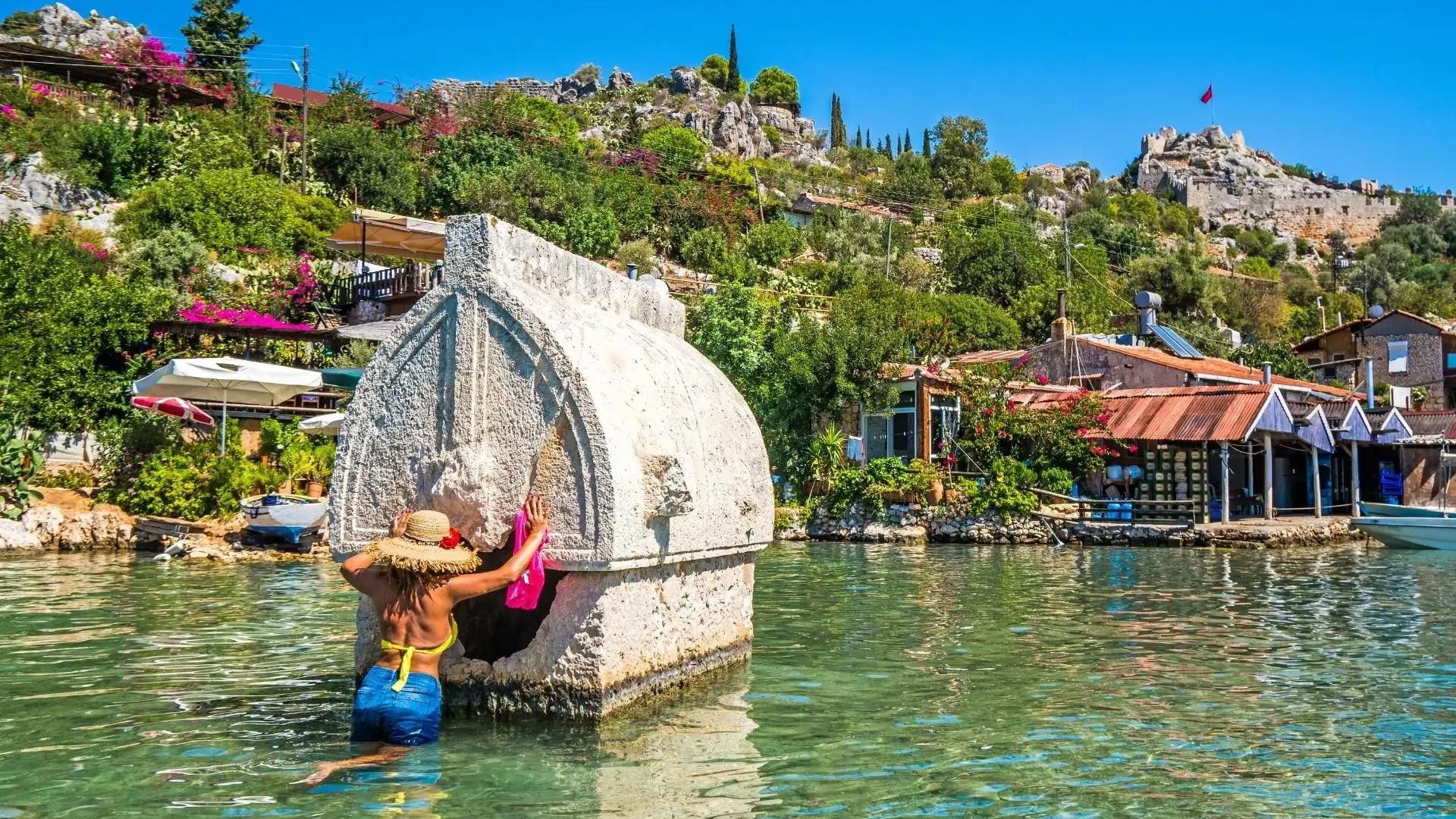 Tourist Woman Exploring the Ruins in Kekova Sunken City, Antalya