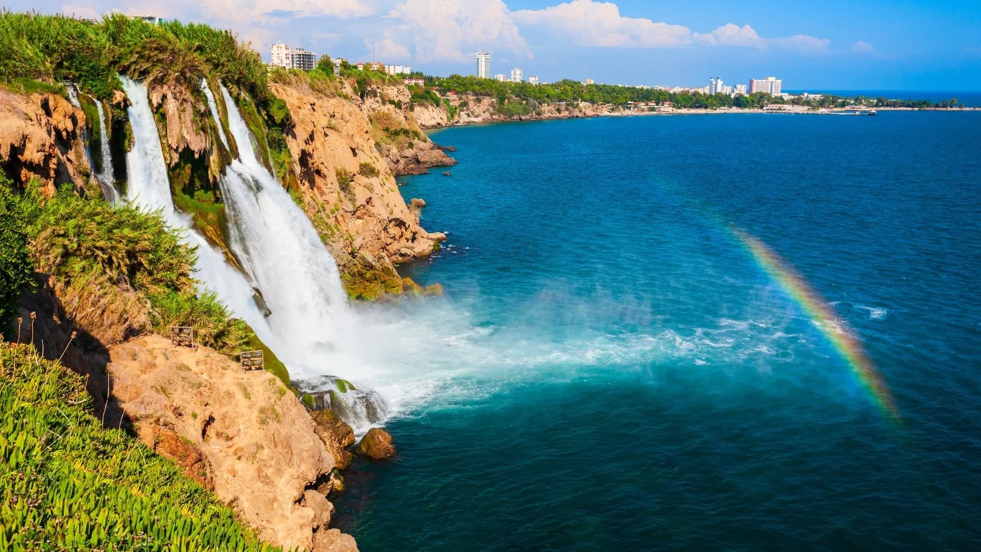 Lower Duden Waterfall flowing into the Mediterranean Sea, one of Antalya’s most beautiful natural attractions.