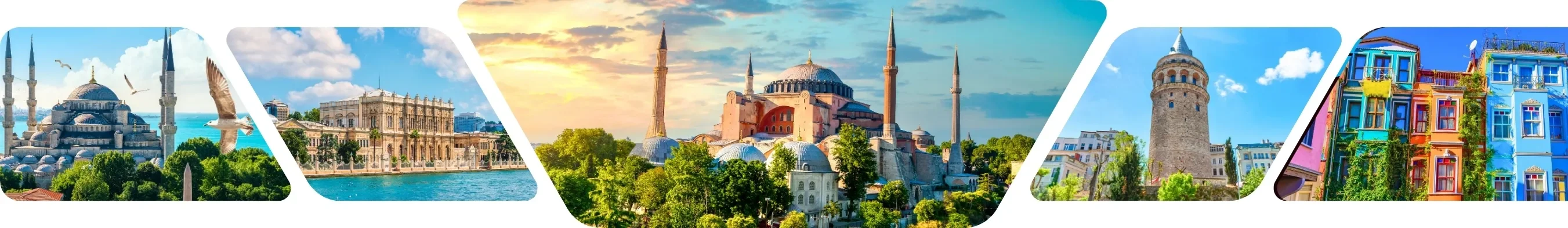 A stunning collage displaying various buildings and mountains, including Istanbul, Pamukkale, and Cappadocia for tour listing page of Guided Istanbul Tours